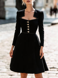 Black Sculpted Square-Neck Buttoned A-Line Dress