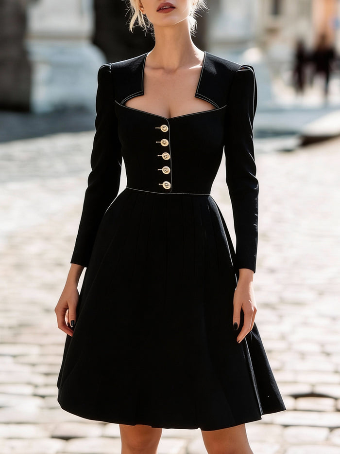Black Sculpted Square-Neck Buttoned A-Line Dress