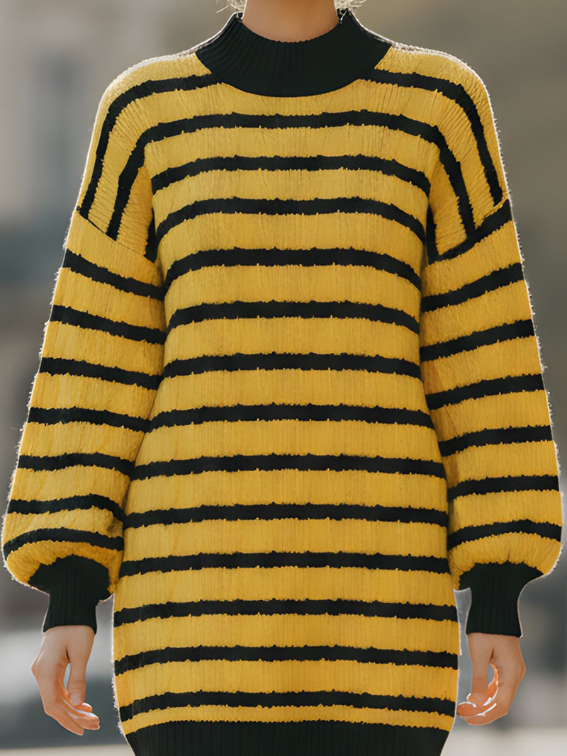 Yellow And Black Striped Textured Knit Sweater Dress