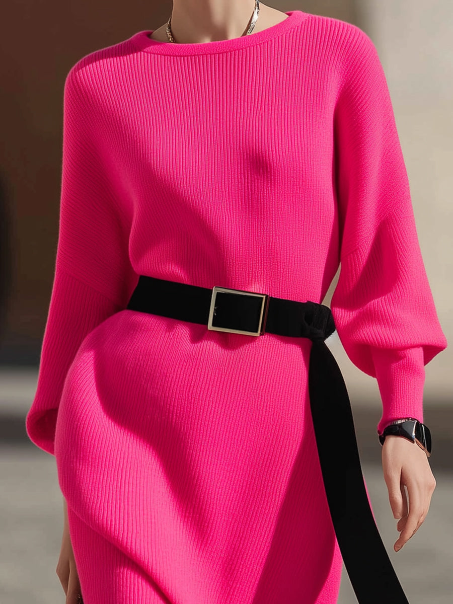 Belted Bright Knit Column Dress
