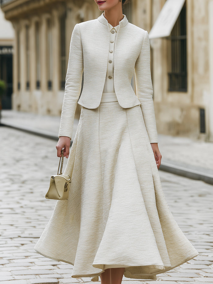 Textured A-Line Skirt Suit With Mandarin Collar Jacket