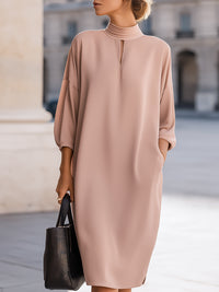 Soft Blush High-Neck Keyhole Midi Dress
