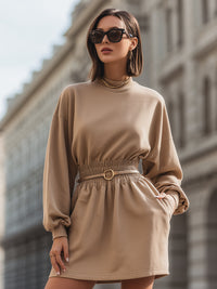 Belted Mock-Neck Mini Dress With Elastic Waist