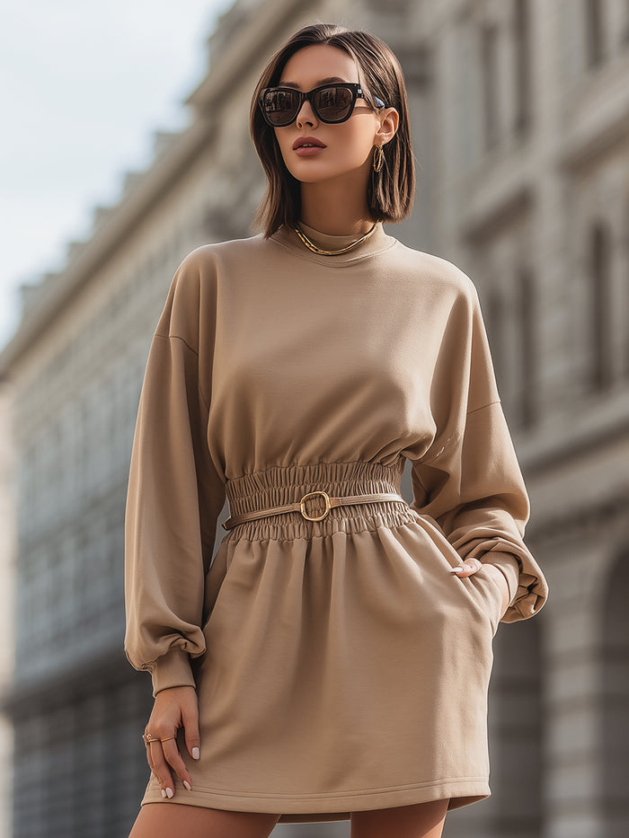 Belted Mock-Neck Mini Dress With Elastic Waist