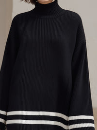 Oversized Ribbed Turtleneck Sweater With Contrast Striped Hem