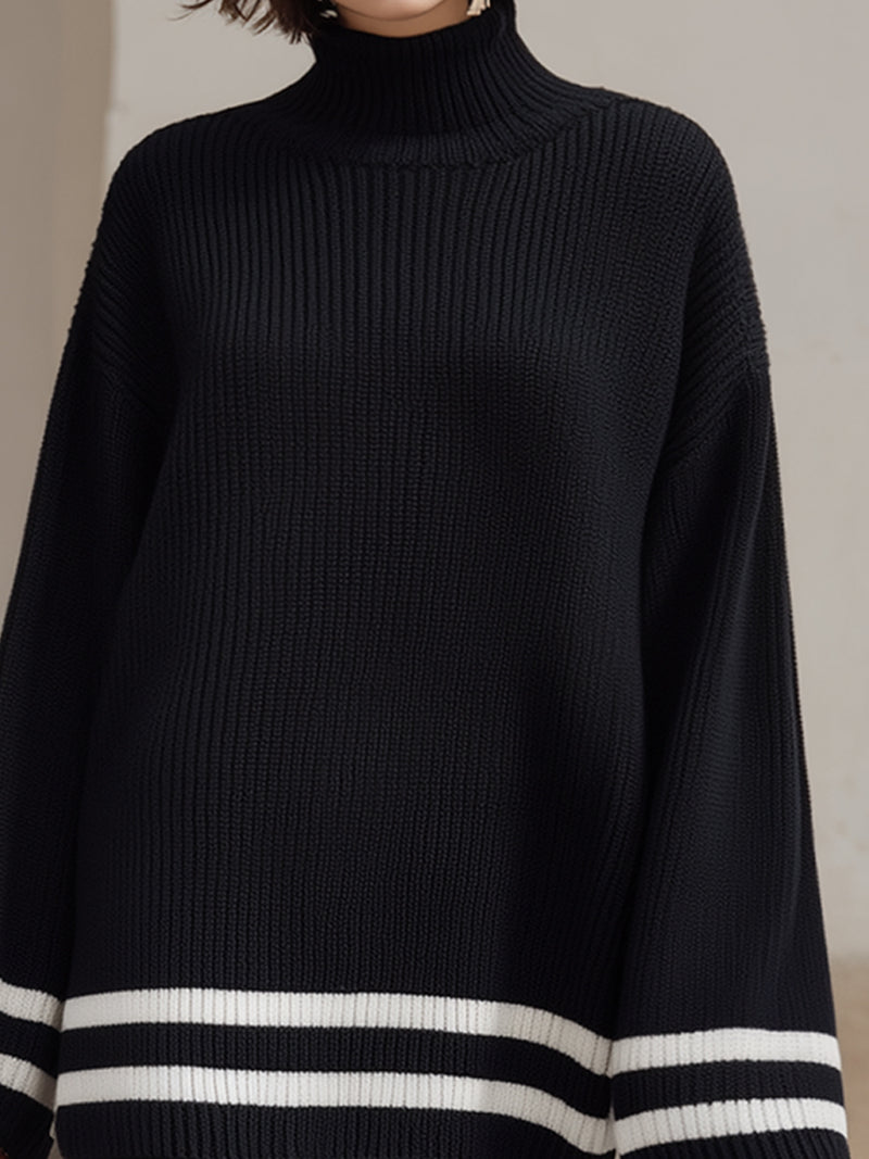 Oversized Ribbed Turtleneck Sweater With Contrast Striped Hem