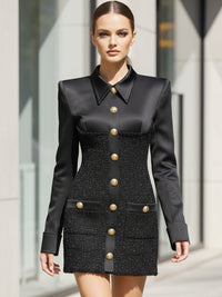 Tailored Black Mini Dress With Gold-Tone Buttons And Tweed Accents
