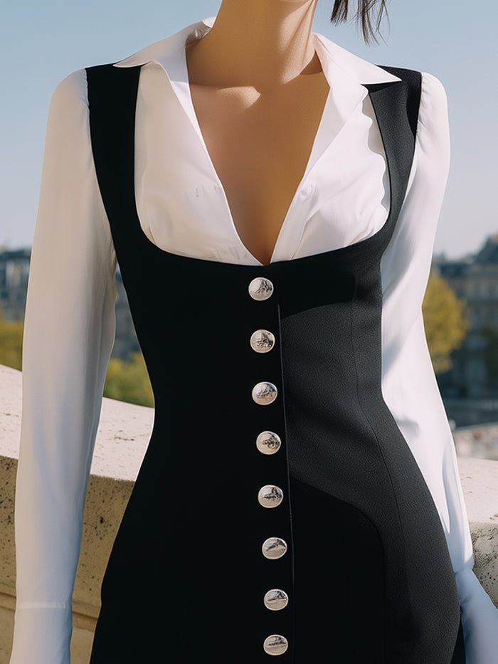 Contrast Button-Front Corset Mini Dress With White Shirt Sleeves