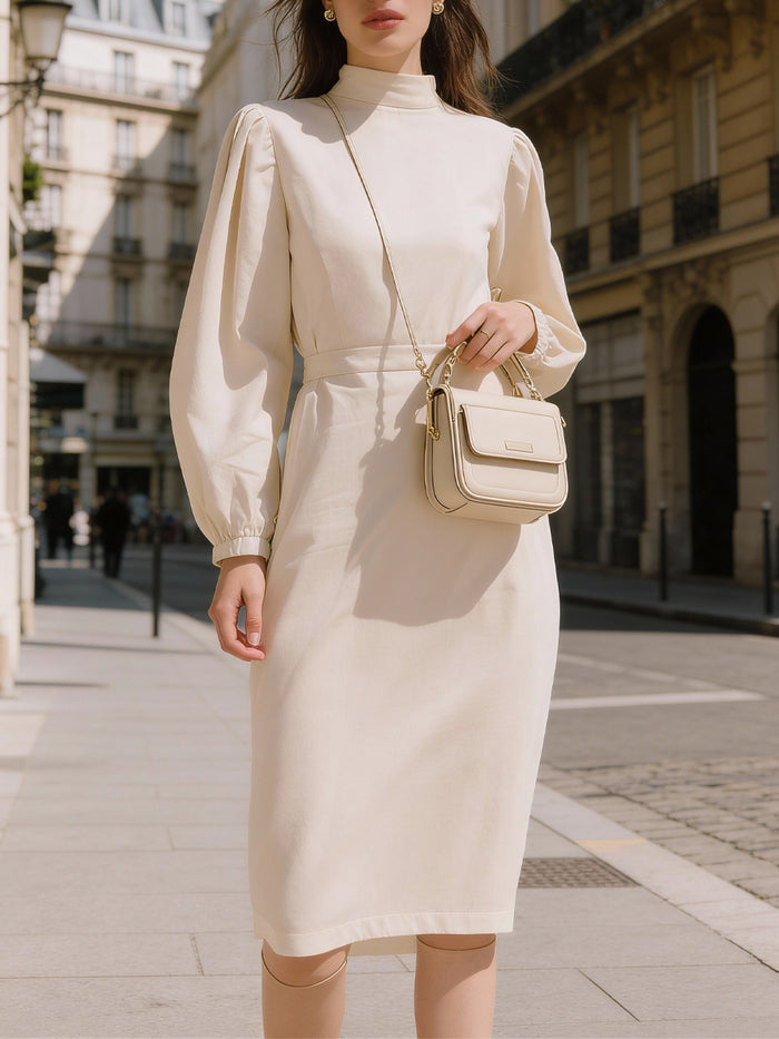 Ivory High-Neck Puff Sleeve Tailored Midi Dress