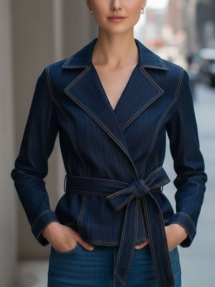 Denim Belted Wrap-Style Blazer With Contrast Stitching