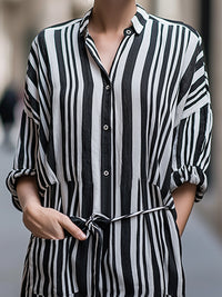 Vertical Stripe Belted Button-Front Midi Dress