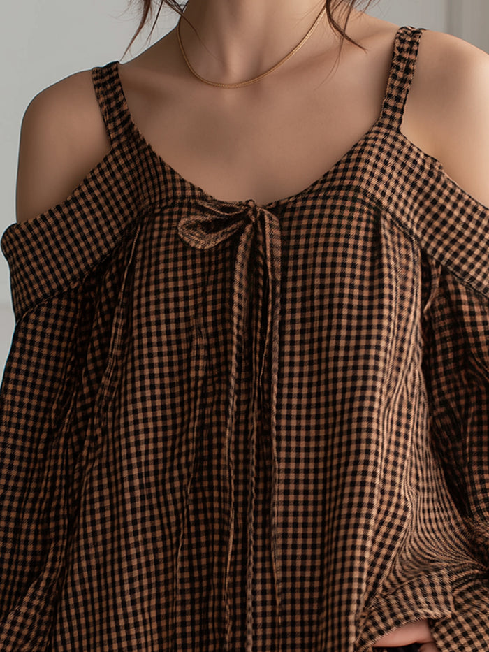 Gingham Cold-Shoulder Tie-Front Blouse With Adjustable Straps