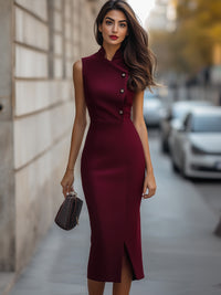 Sophisticated Sleeveless Midi Dress with Asymmetrical Button