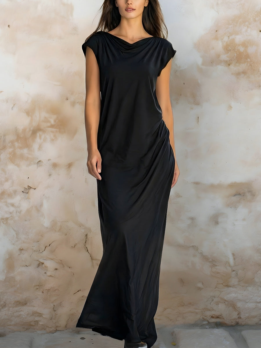 Draped Cowl-Neck Short Sleeve Maxi Dress