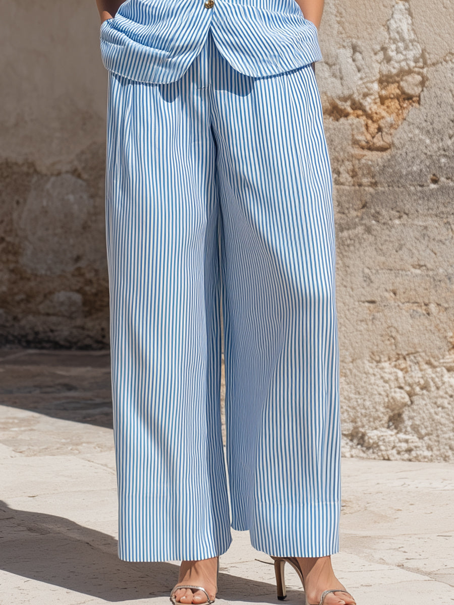 Striped Sleeveless Button-Front Wide-Leg Set