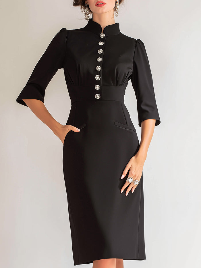 High-Collar Crystal Button Midi Dress