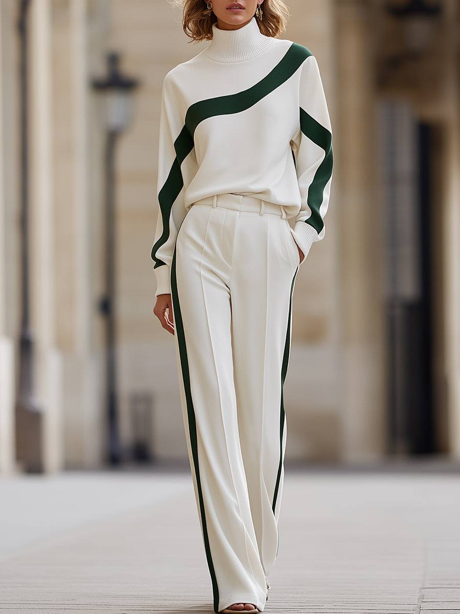 Luxury Curved-Stripe Turtleneck Top & Wide-Leg Trouser Set