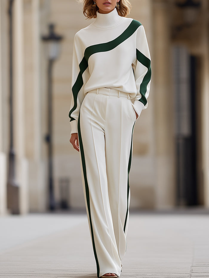 Luxury Curved-Stripe Turtleneck Top & Wide-Leg Trouser Set
