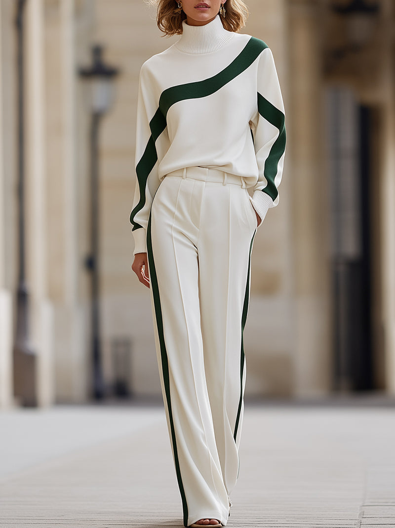 Luxury Curved-Stripe Turtleneck Top & Wide-Leg Trouser Set