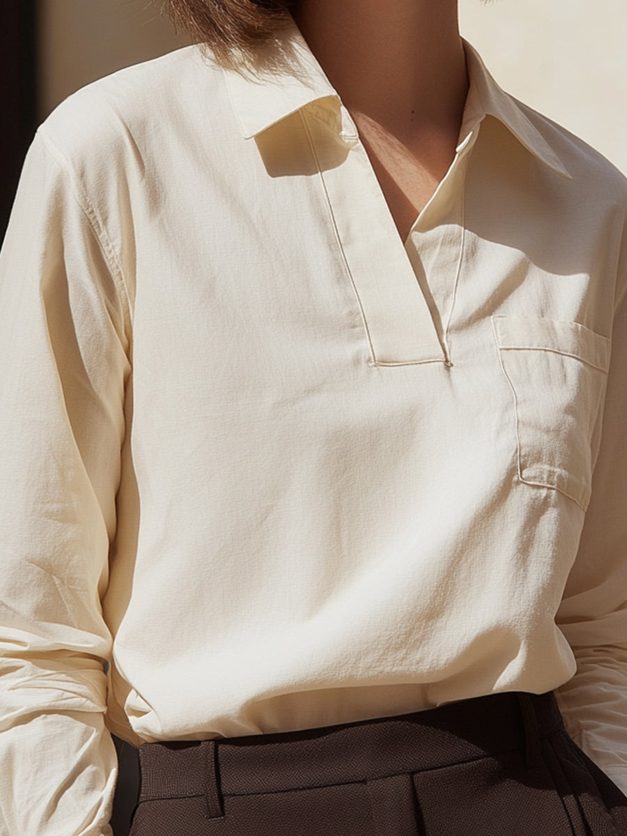 Ivory Minimalist Open-Collar Blouse