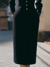 Black Gold-Trimmed Lapel Midi Dress