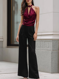 Ring-Neck Draped Halter Top & Wide-Leg Trouser Set