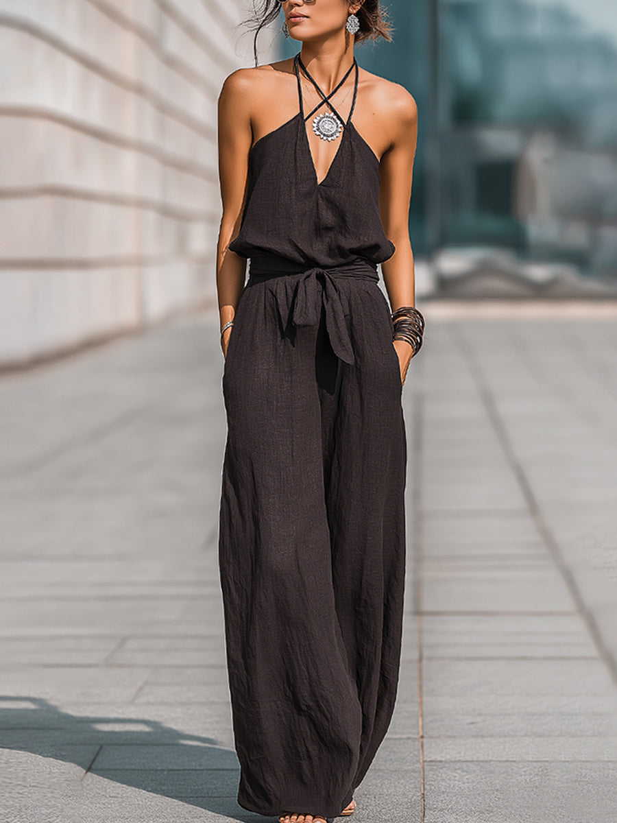 Halter-Neck Tie-Waist Wide-Leg Jumpsuit