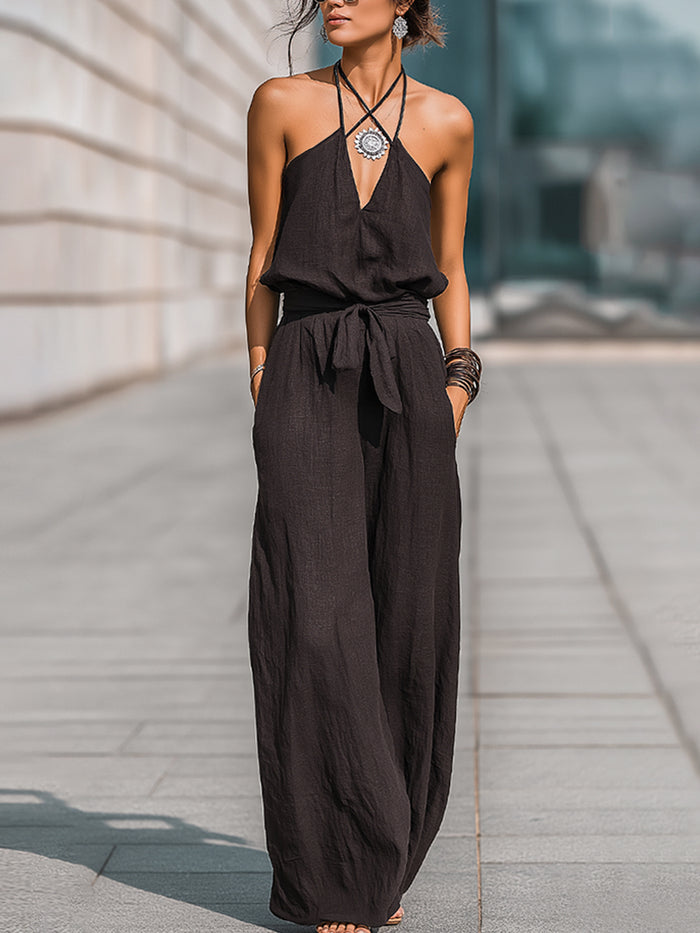Halter-Neck Tie-Waist Wide-Leg Jumpsuit