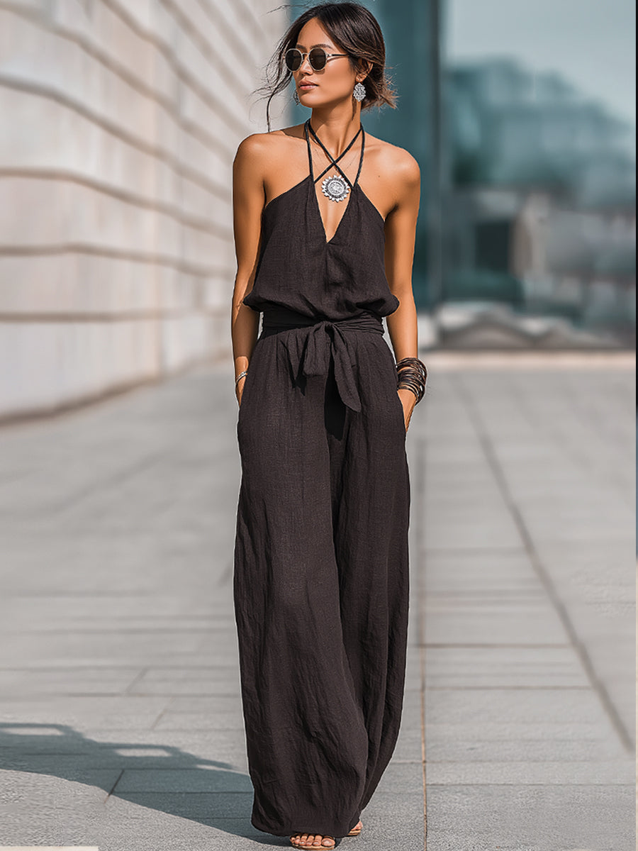 Halter-Neck Tie-Waist Wide-Leg Jumpsuit