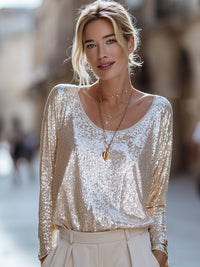 Champagne Sequin Long Sleeve Top
