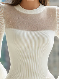 White Bell-Sleeve Sheer Panel Rib-Knit Bodycon Mini Dress
