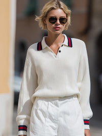 Ivory Knit Polo Sweater With Contrast Trim