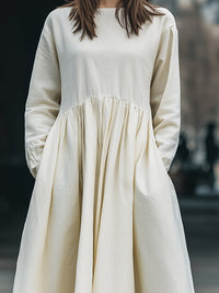 Minimalist Cotton Linen Long-Sleeved Dress With Cinched Waist