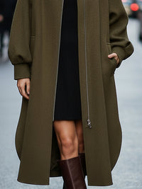 Olive Wool-Blend Cocoon Coat With Zipper Detail