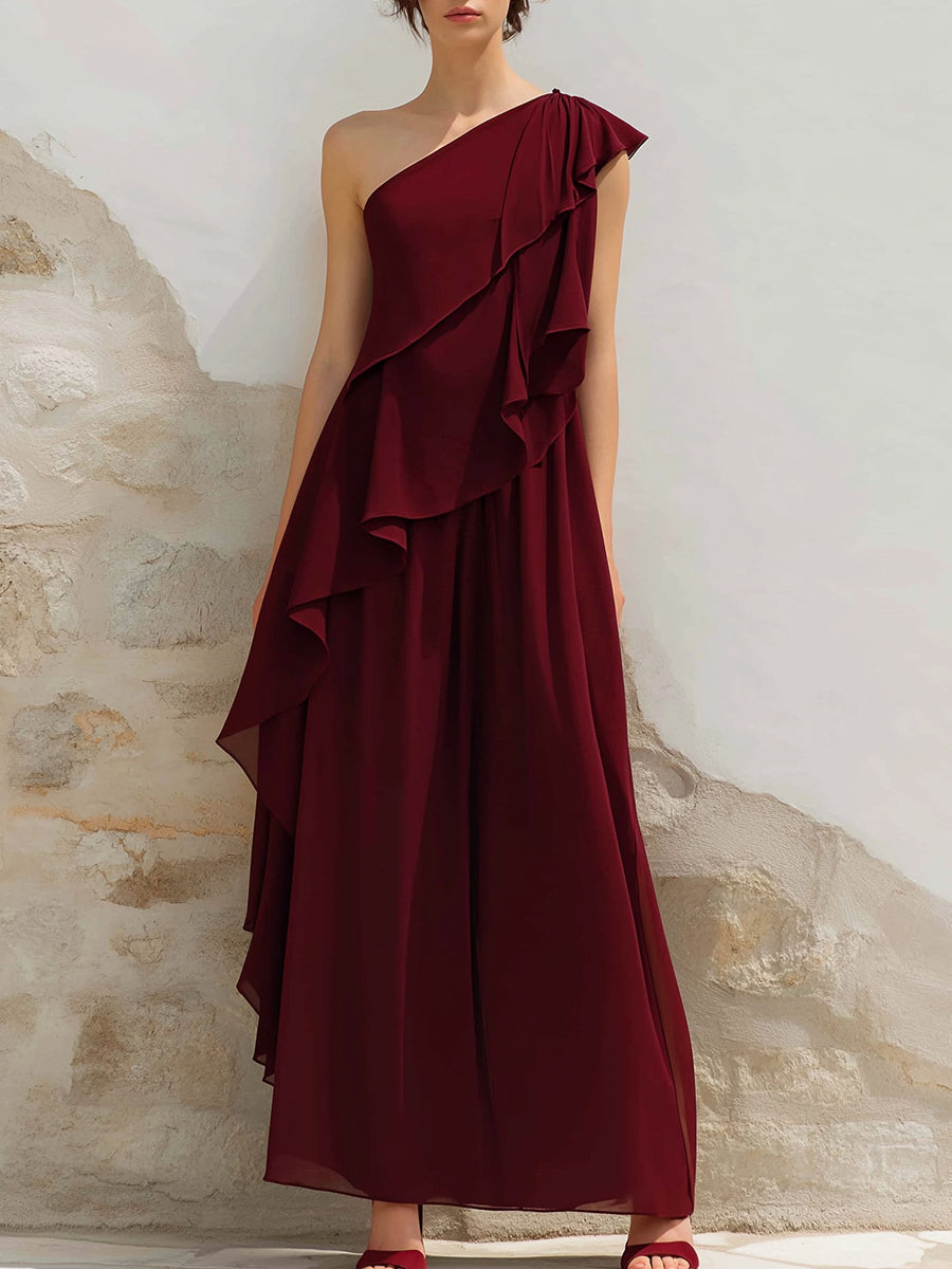 Elegant One-Shoulder Ruffle Chiffon Maxi Dress