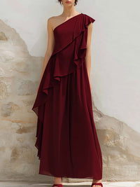 Elegant One-Shoulder Ruffle Chiffon Maxi Dress