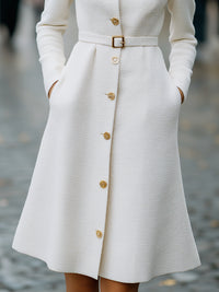 Timeless Grace Belted Ivory Coat Dress