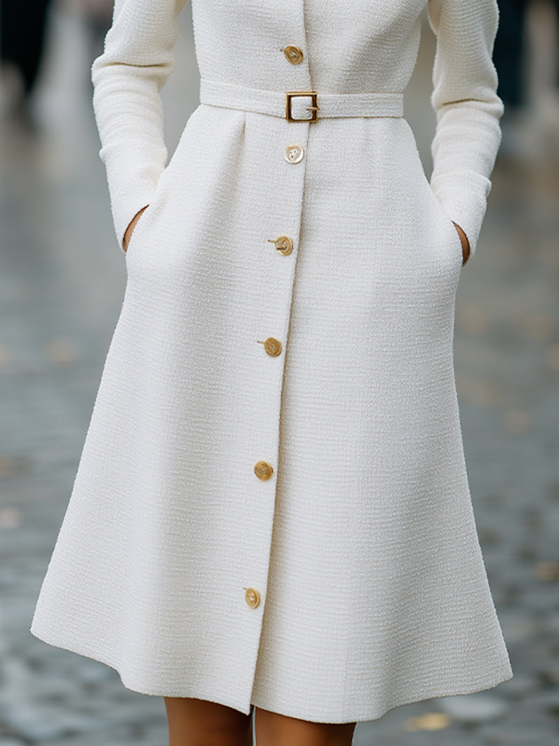 Timeless Grace Belted Ivory Coat Dress