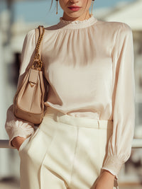 Elegant High-Neck Sheer Long-Sleeve Blouse