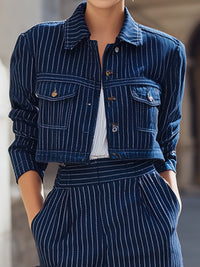 Pinstripe Denim Jacket And High-Waisted Pants Set