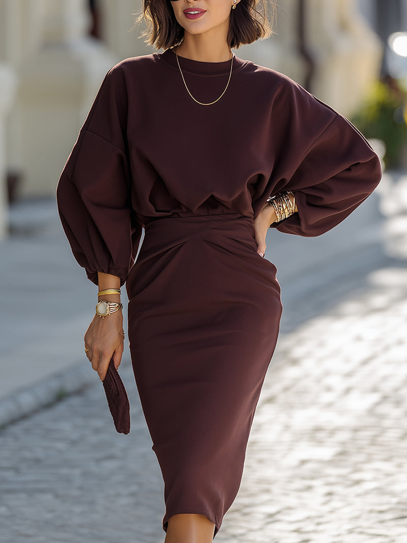 Elegant Burgundy Puff Sleeve Midi Dress