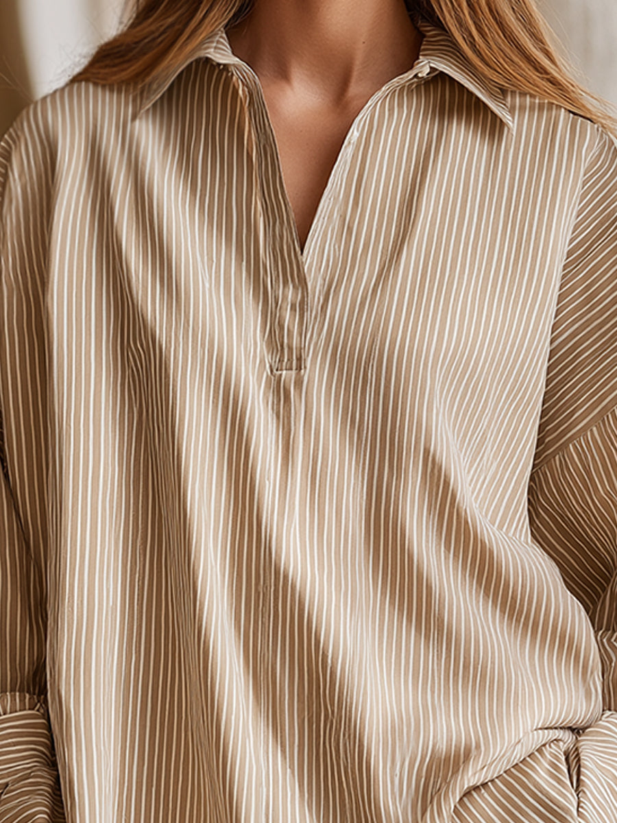 Relaxed V-Neck Pinstripe Long Sleeve Blouse