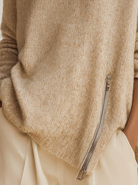 Beige Asymmetric Zip Detail Knit Sweater