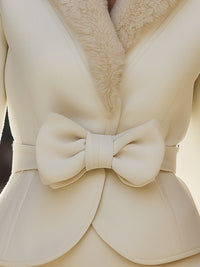 Ivory Wool-Blend Peplum Blazer With Faux Fur Collar And Bow Detail