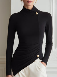 Asymmetrical High-Neck Ruched Knit Top With Gold-Tone Buttons