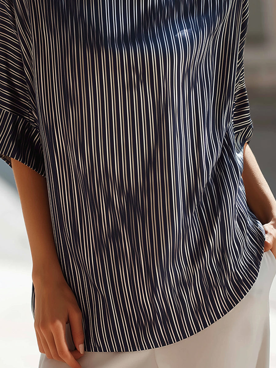 Striped Mock Neck Relaxed Short Sleeve Top