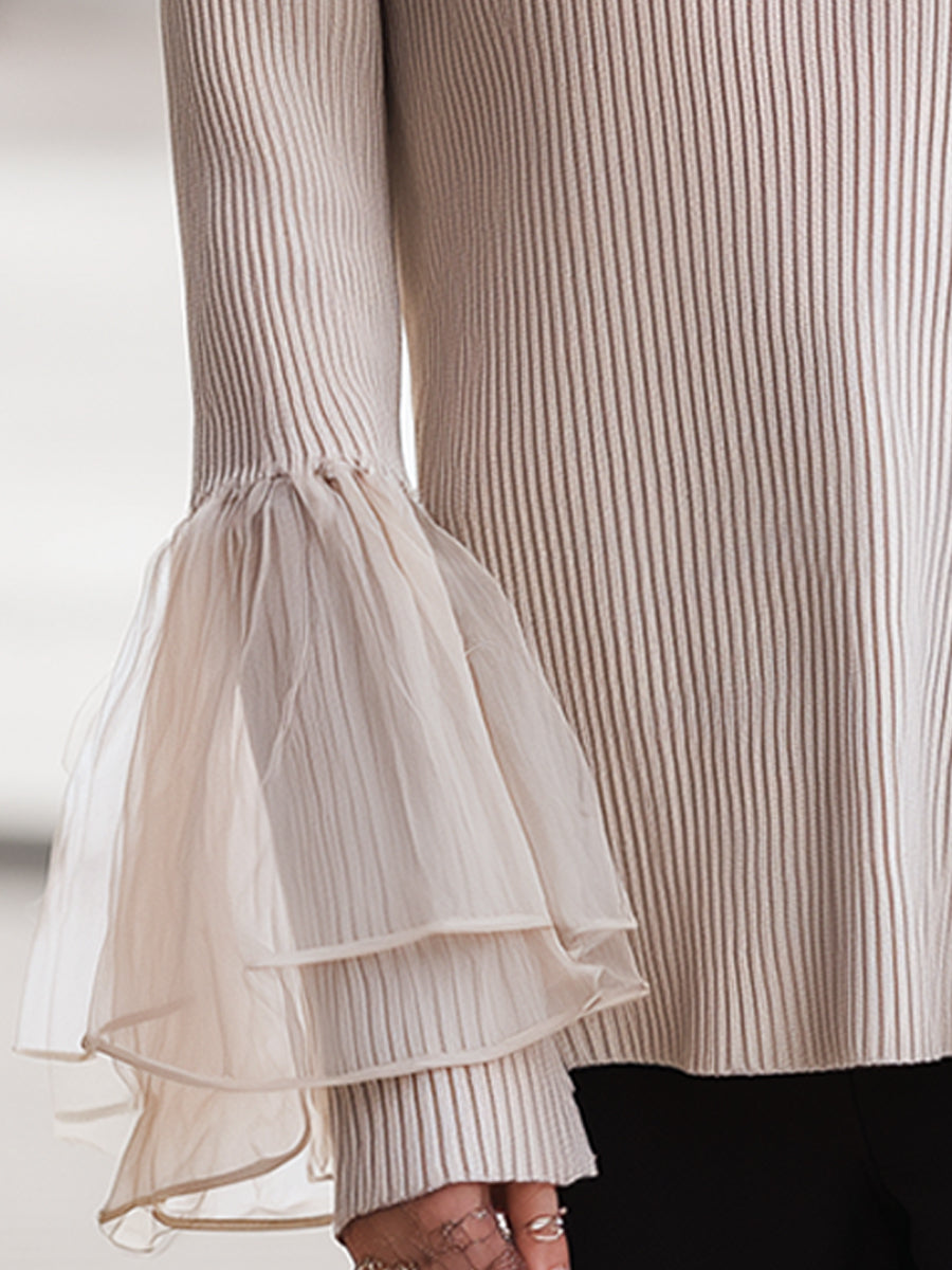 Knit Top With Bell Sleeves And Mesh Neckline