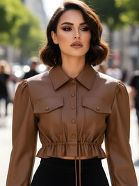 Cropped Faux Leather Shirt With Drawstring Waist