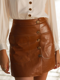 Button-Front Blouse And Caramel Faux Leather Mini Skirt Set