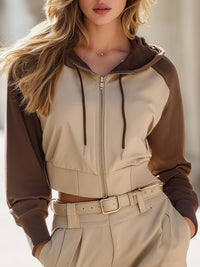 Color-Blocked Hooded Zip-Up Jacket With Belted Trousers